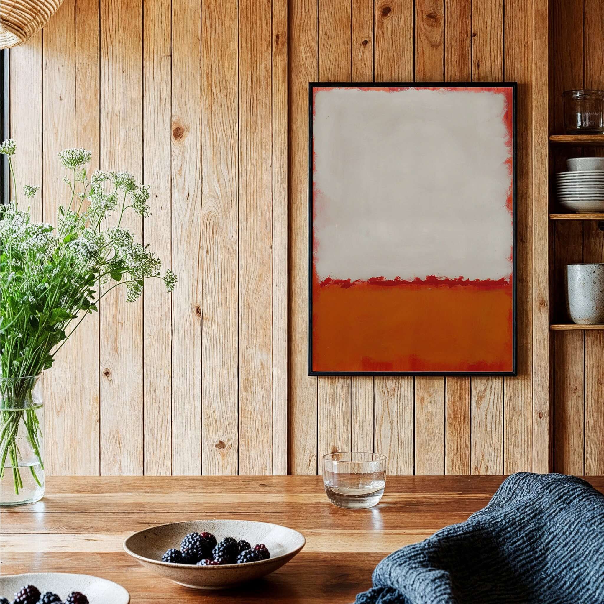 Mark Rothko Untitled 1969 Abstract Canvas Print - White Orange Color Field displayed in a cozy wooden interior.