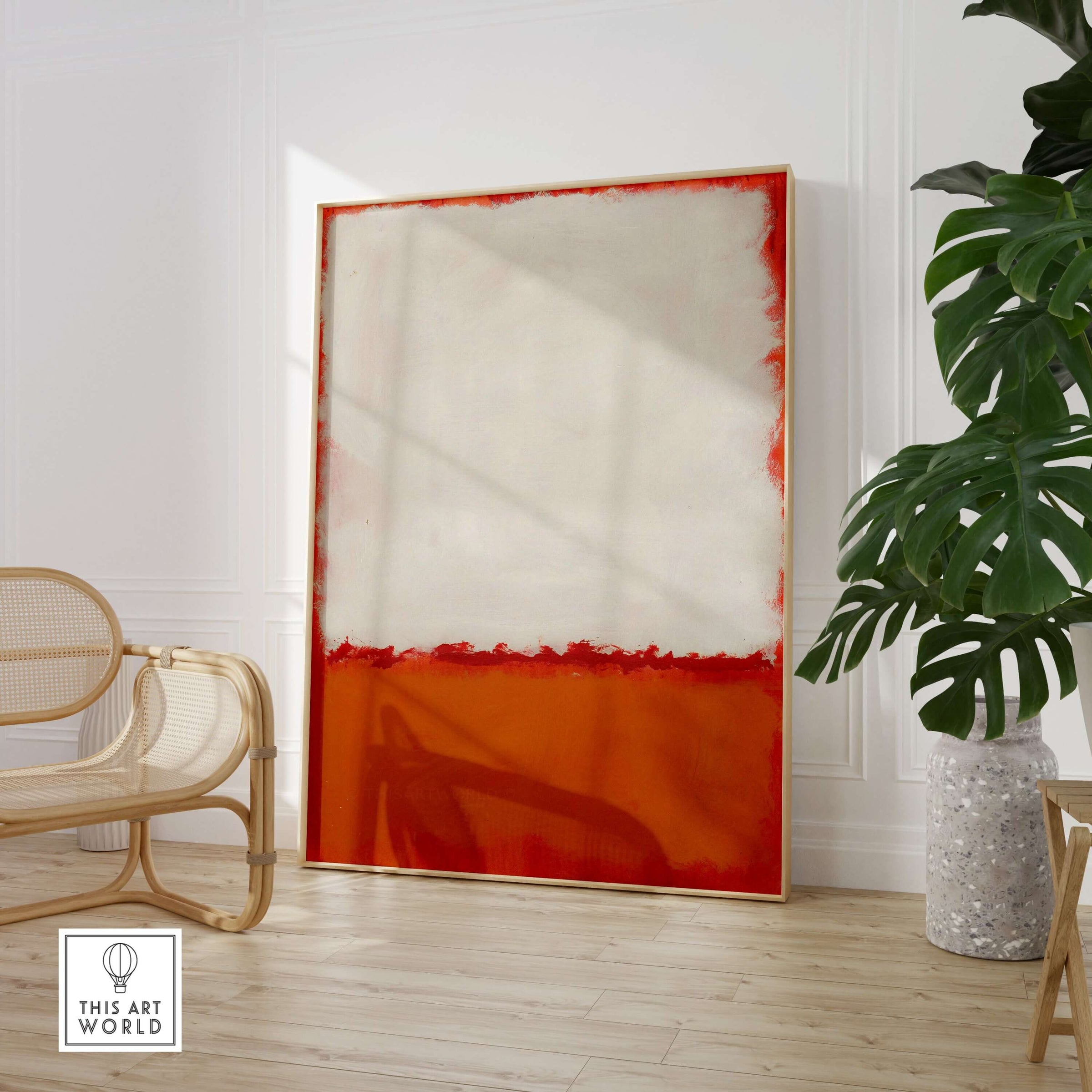 Mark Rothko Untitled 1969 Abstract Canvas Print - White Orange Color Field displayed in modern living room.