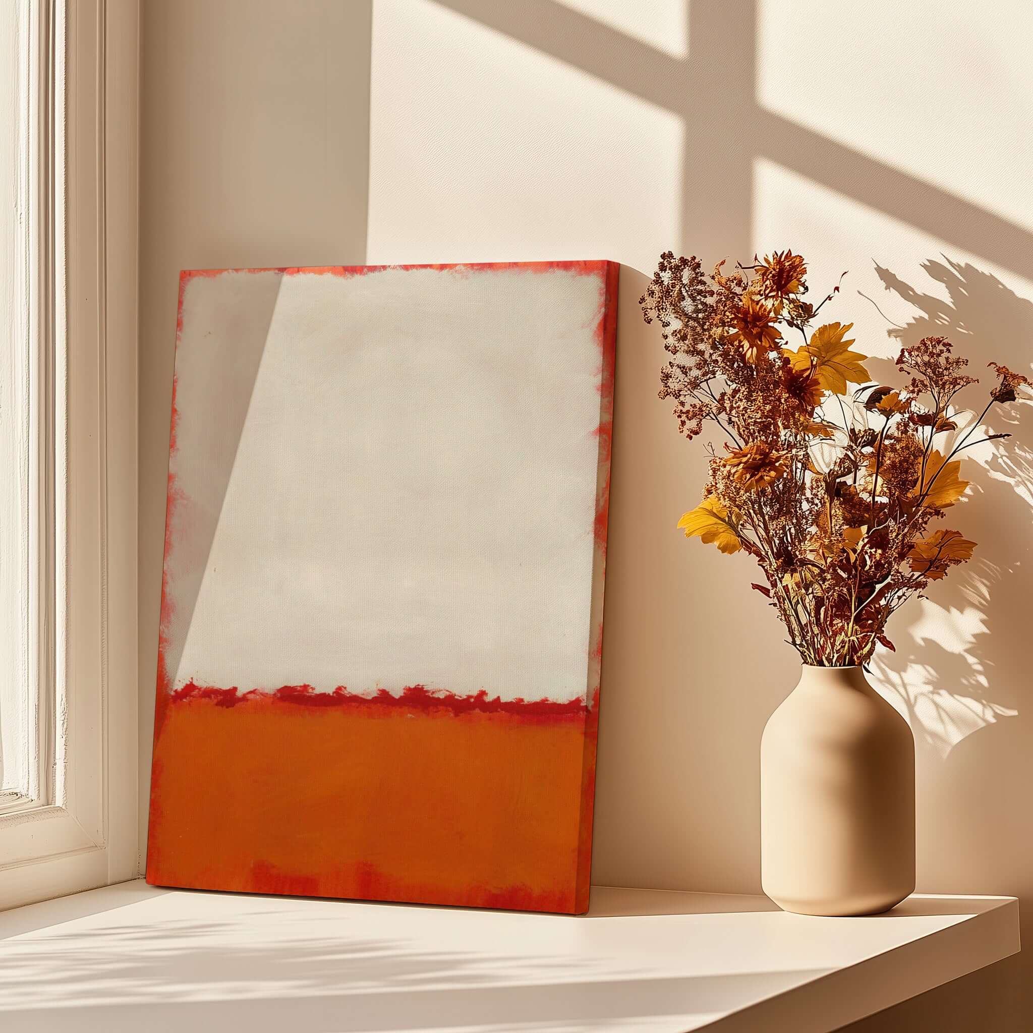 Mark Rothko Untitled 1969 Abstract Canvas Print - White Orange Color Field displayed beside a bouquet in a sunlit room.