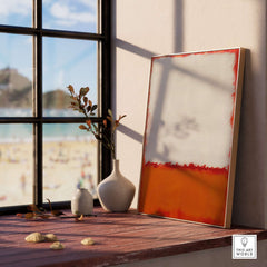 Mark Rothko Untitled 1969 Abstract Canvas Print - White Orange Color Field displayed in a sunlit room with beach view.