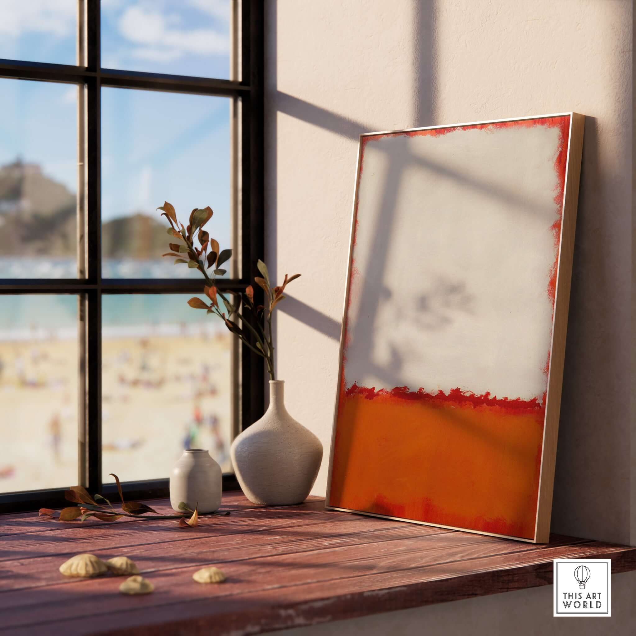 Mark Rothko Untitled 1969 Abstract Canvas Print - White Orange Color Field displayed in a sunlit room with beach view.