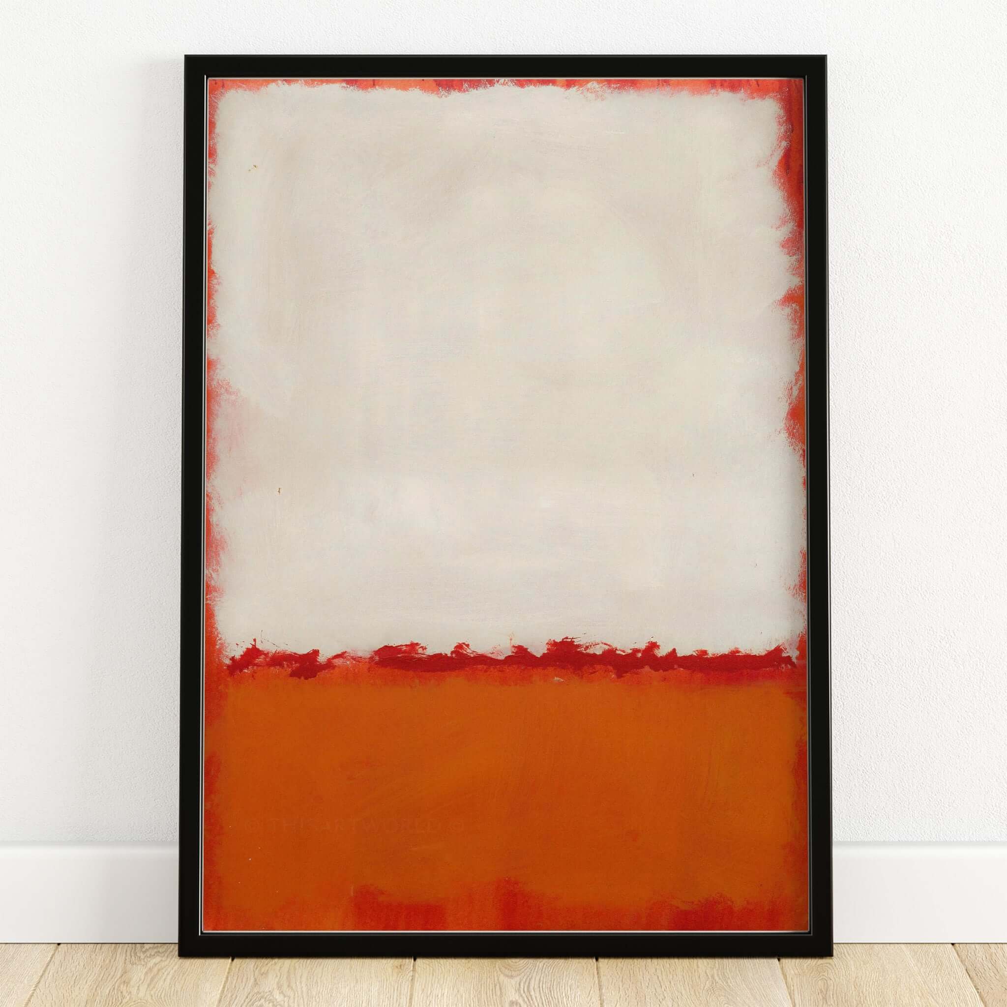 Mark Rothko Untitled 1969 Abstract Canvas Print - White Orange Color Field displayed in black frame.