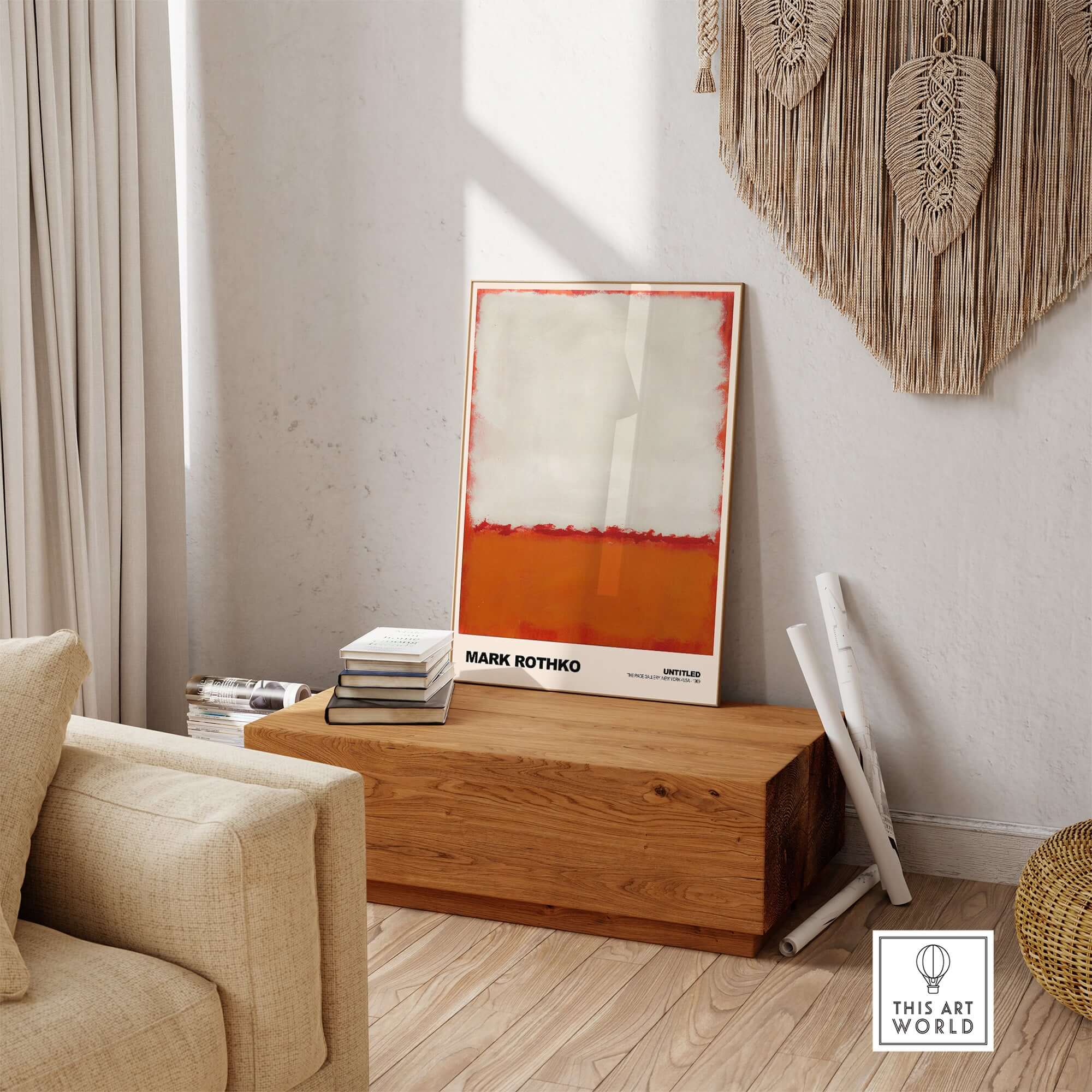 Mark Rothko Untitled 1969 Abstract Expressionism Poster White Orange Color Field Print displayed in a cozy living room setting.