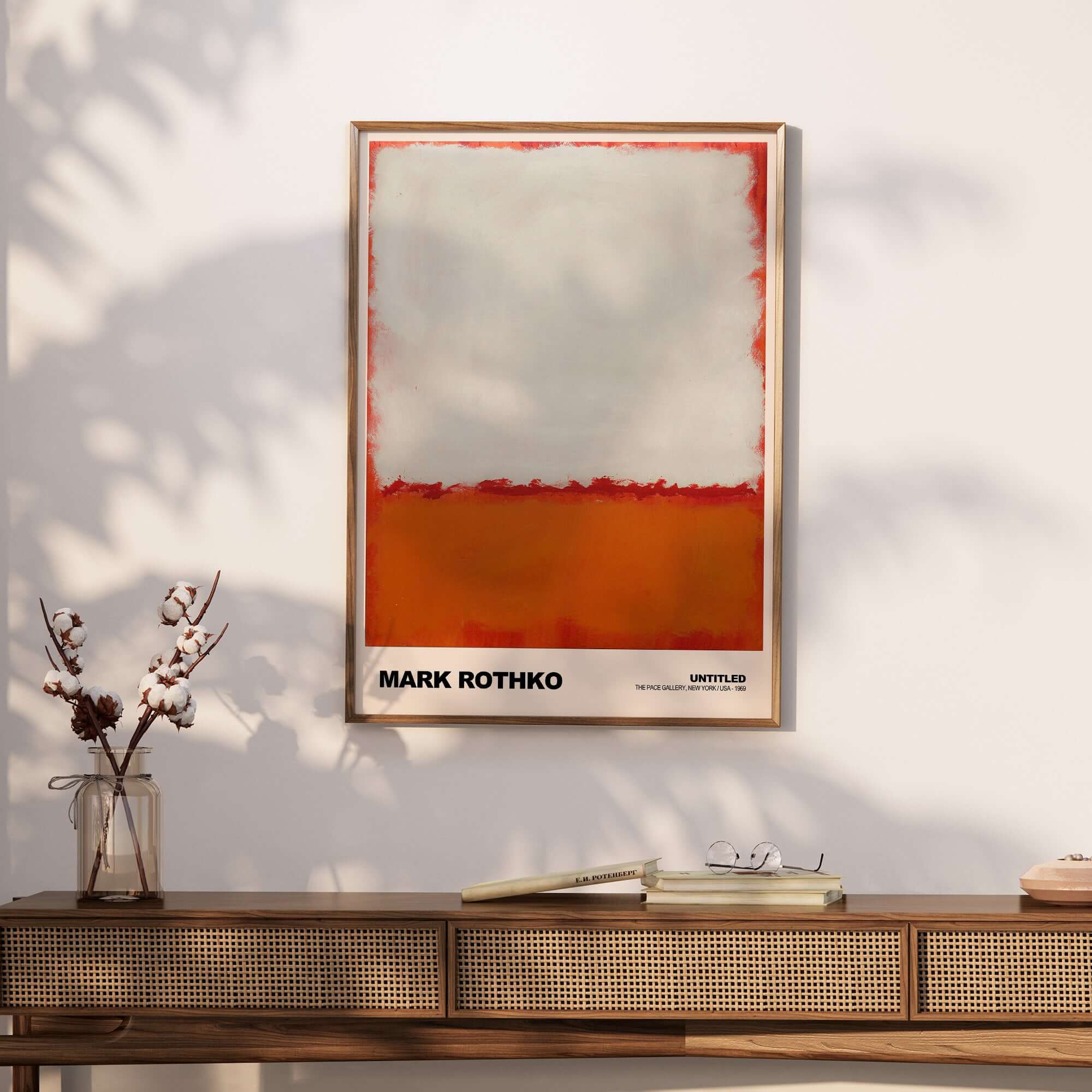 Mark Rothko Untitled 1969 Abstract Expressionism Poster White Orange Color Field Print displayed on a wall.