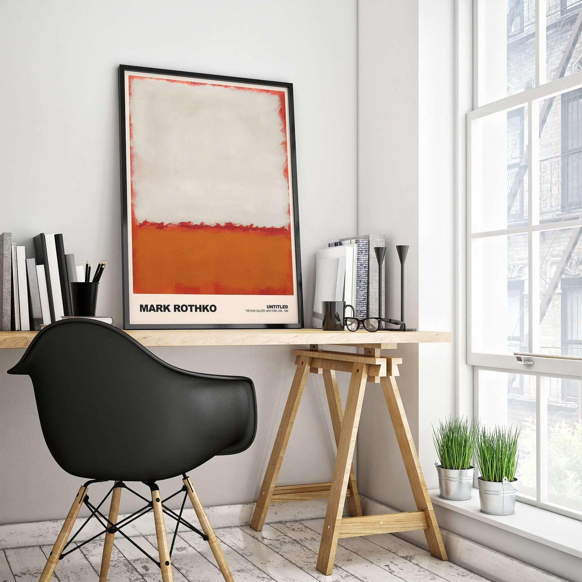 Mark Rothko Untitled 1969 Abstract Expressionism Poster White Orange Color Field Print displayed in a modern workspace.