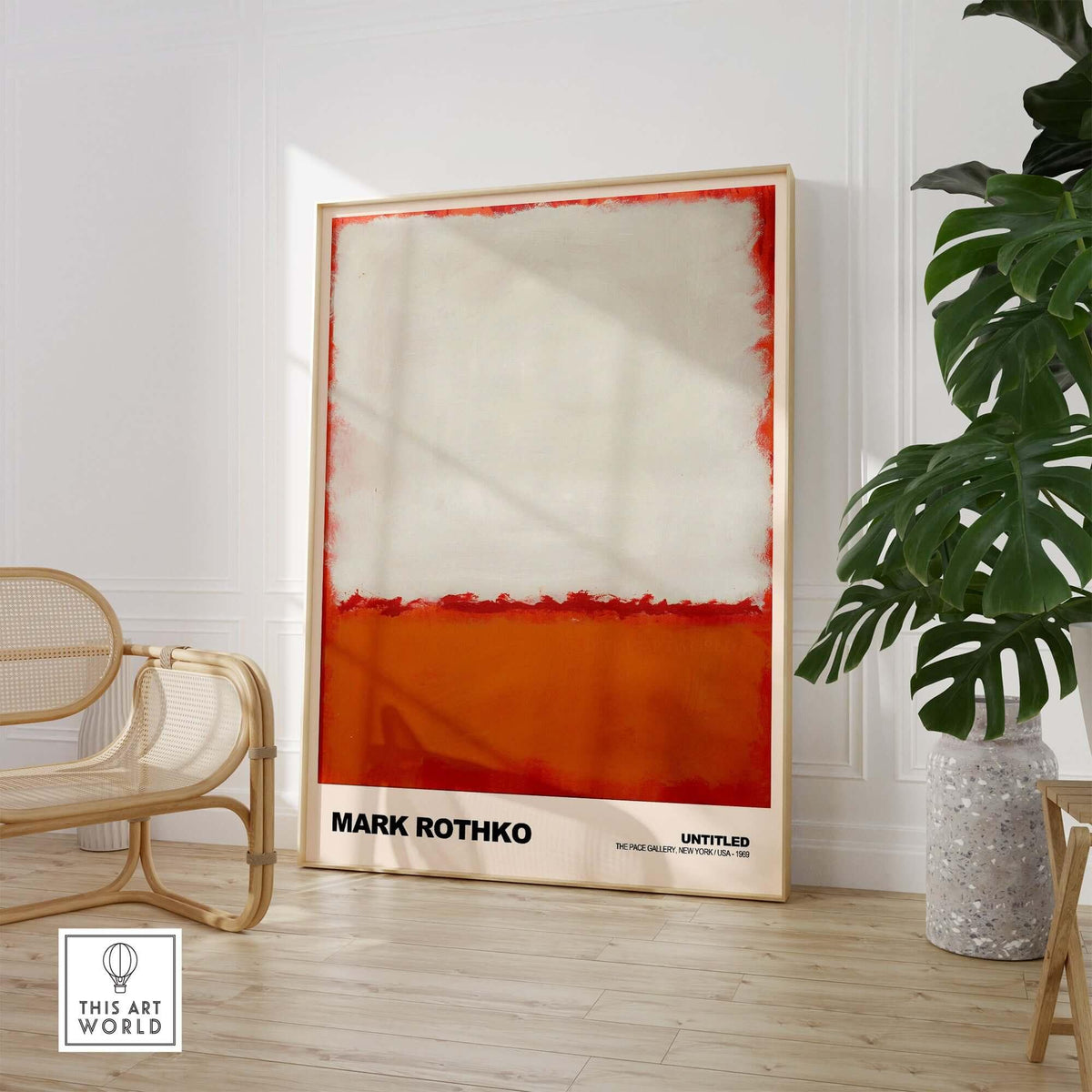 Mark Rothko Untitled 1969 Abstract Expressionism Poster White Orange Color Field Print displayed in a modern interior.