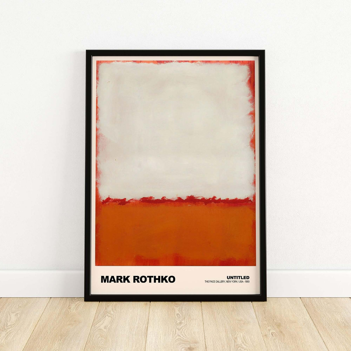 Mark Rothko Untitled 1969 Abstract Expressionism Poster White Orange Color Field Print displayed in a black frame.