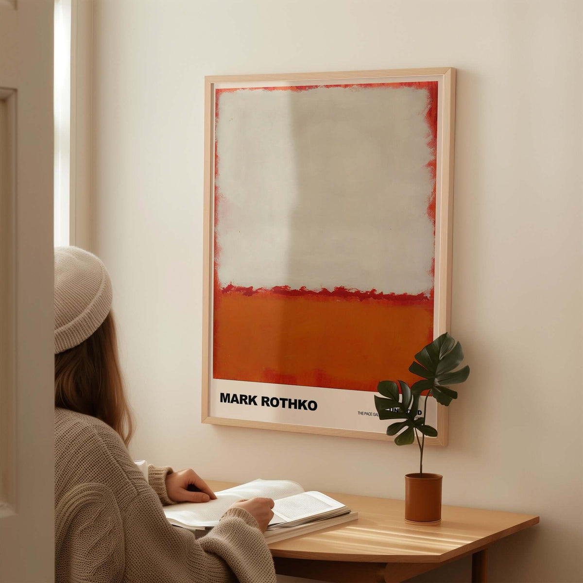 Mark Rothko Untitled 1969 Abstract Expressionism Poster White Orange Color Field Print displayed in a cozy room.