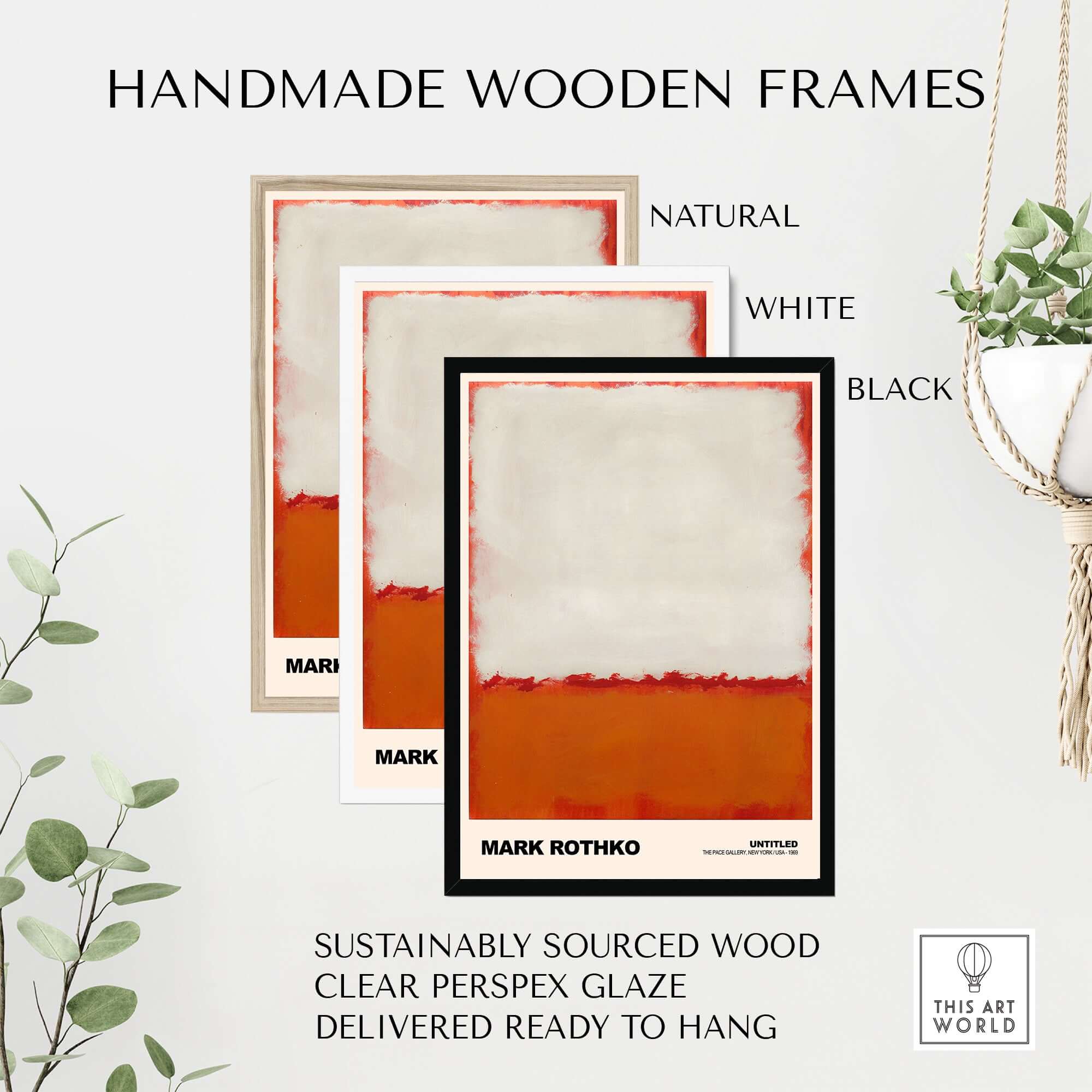 Handmade wooden frames for Mark Rothko Untitled 1969 Abstract Expressionism Poster White Orange Color Field Print.