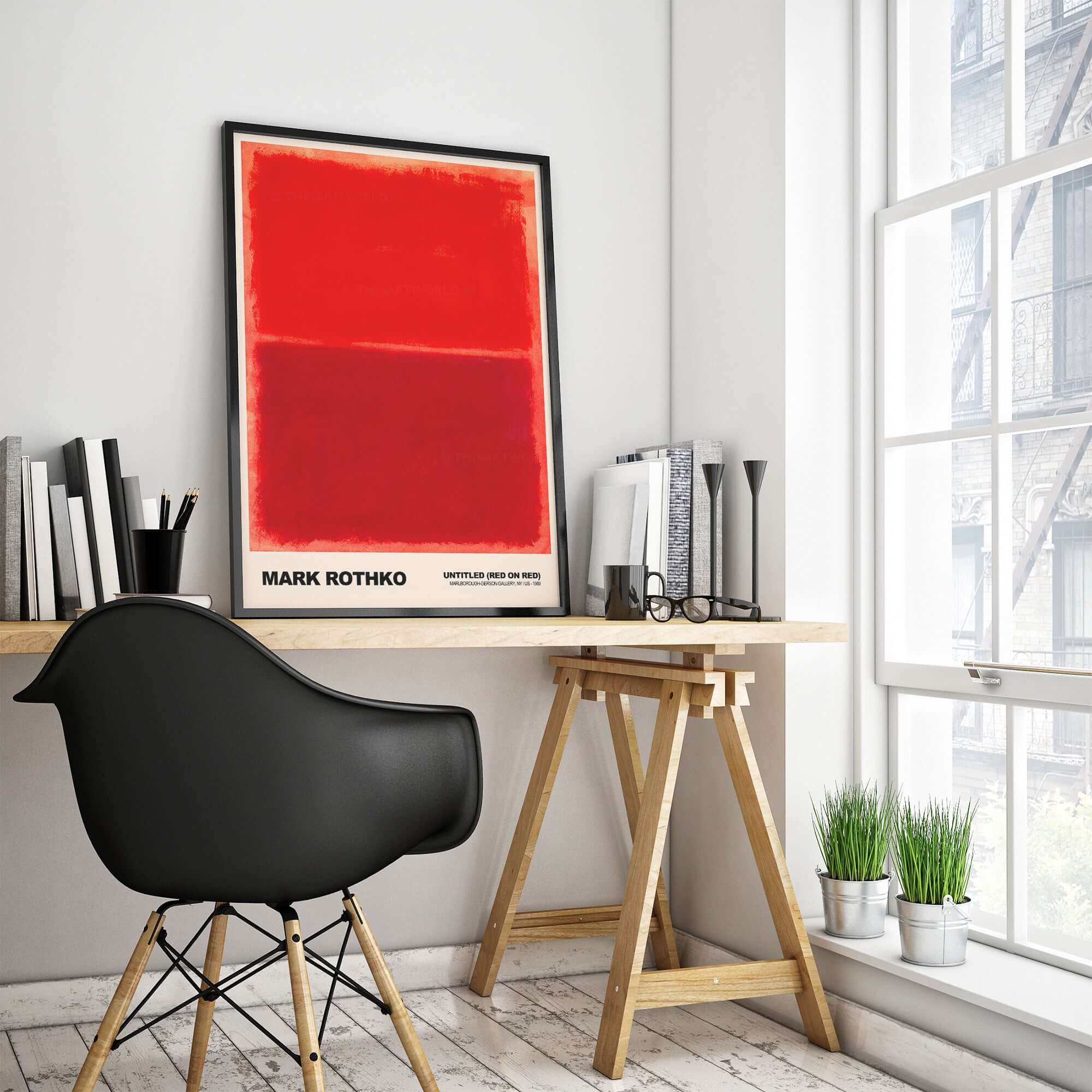 Mark Rothko Untitled Red on Red 1969 Abstract Art Print Color Field Painting Poster displayed in a modern workspace.