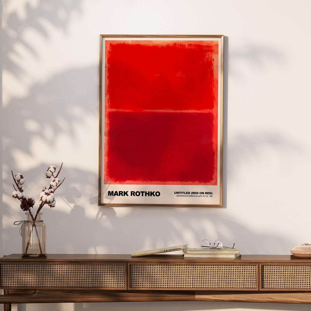 Mark Rothko Untitled Red on Red 1969 Abstract Art Print displayed on a wall, showcasing deep red color fields.