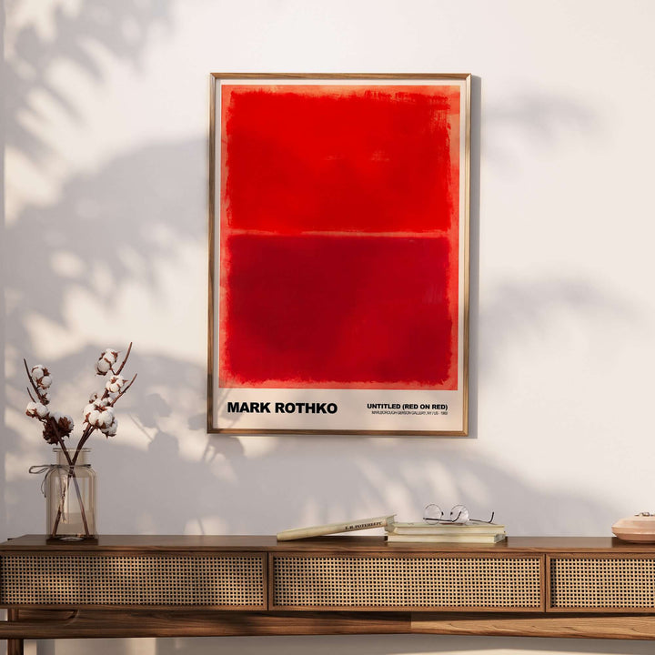 Mark Rothko Untitled Red on Red 1969 Abstract Art Print displayed on a wall, showcasing deep red color fields.