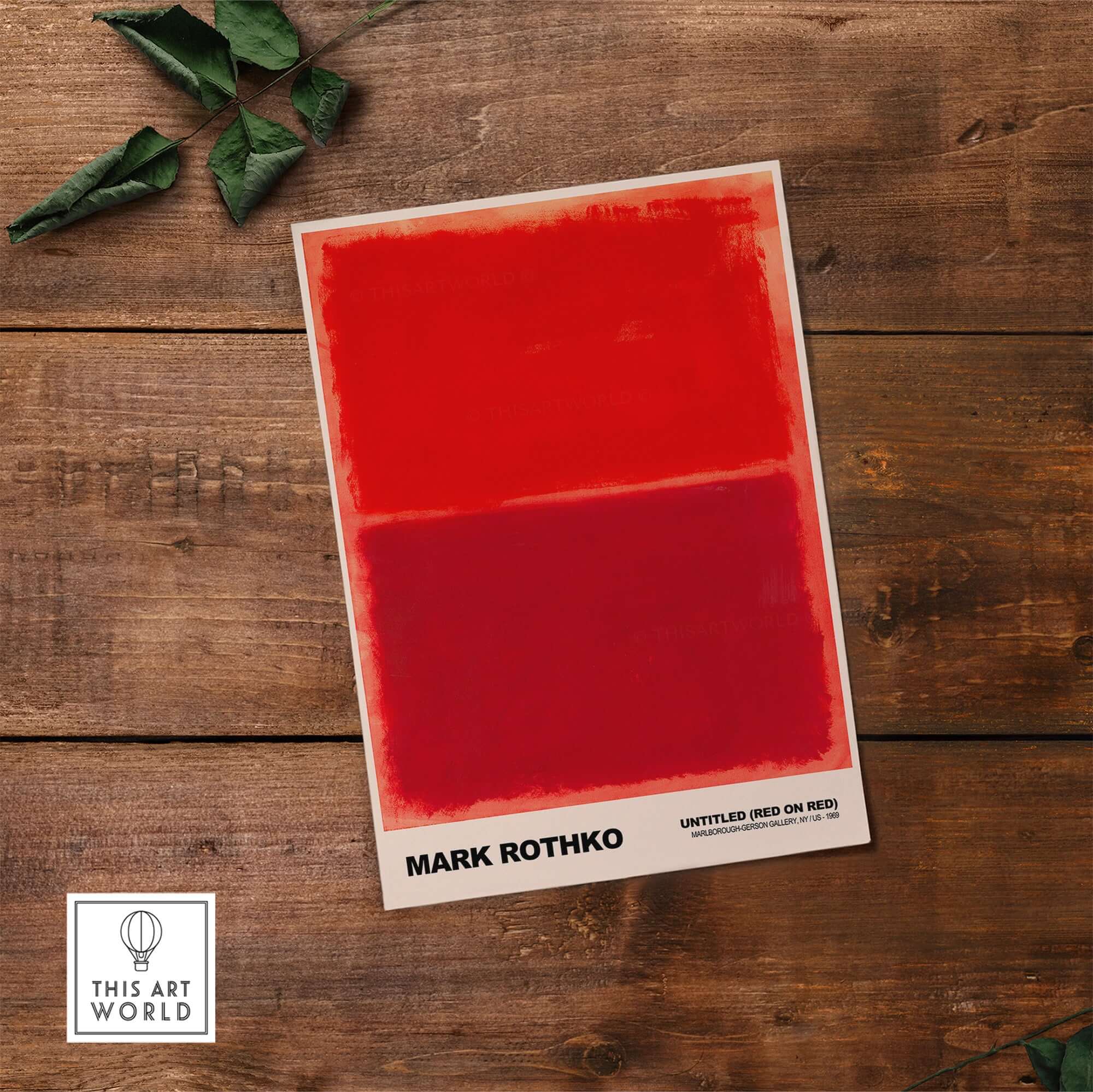 Mark Rothko Untitled Red on Red 1969 Abstract Art Print Color Field Painting Poster on wooden surface.