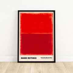Mark Rothko Untitled Red on Red 1969 Abstract Art Print Color Field Painting Poster displayed in a black frame against a white wall.