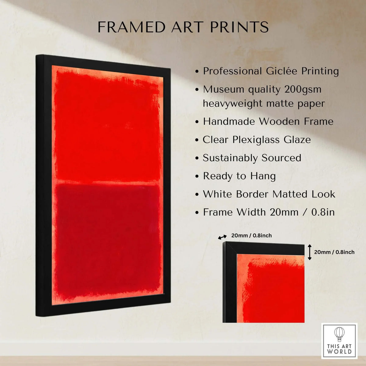 Mark Rothko Untitled Red on Red 1969 Abstract Canvas Art Print framed with a handmade wooden frame and clear plexiglass glaze.