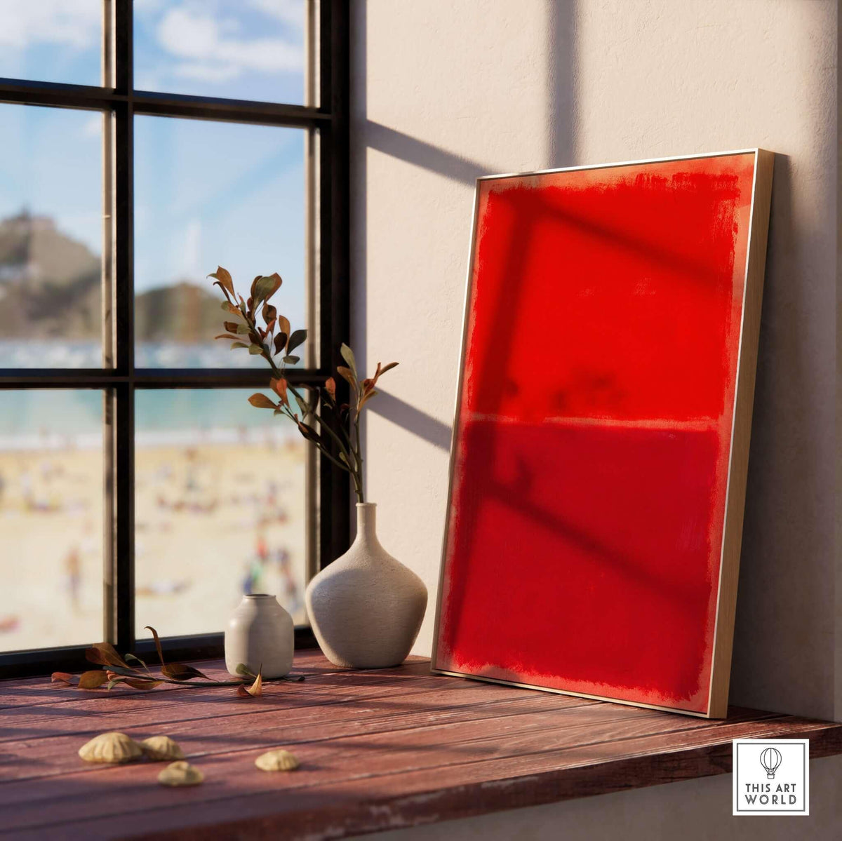 Mark Rothko Untitled Red on Red 1969 Abstract Canvas Art Print displayed on a wooden table beside a window.