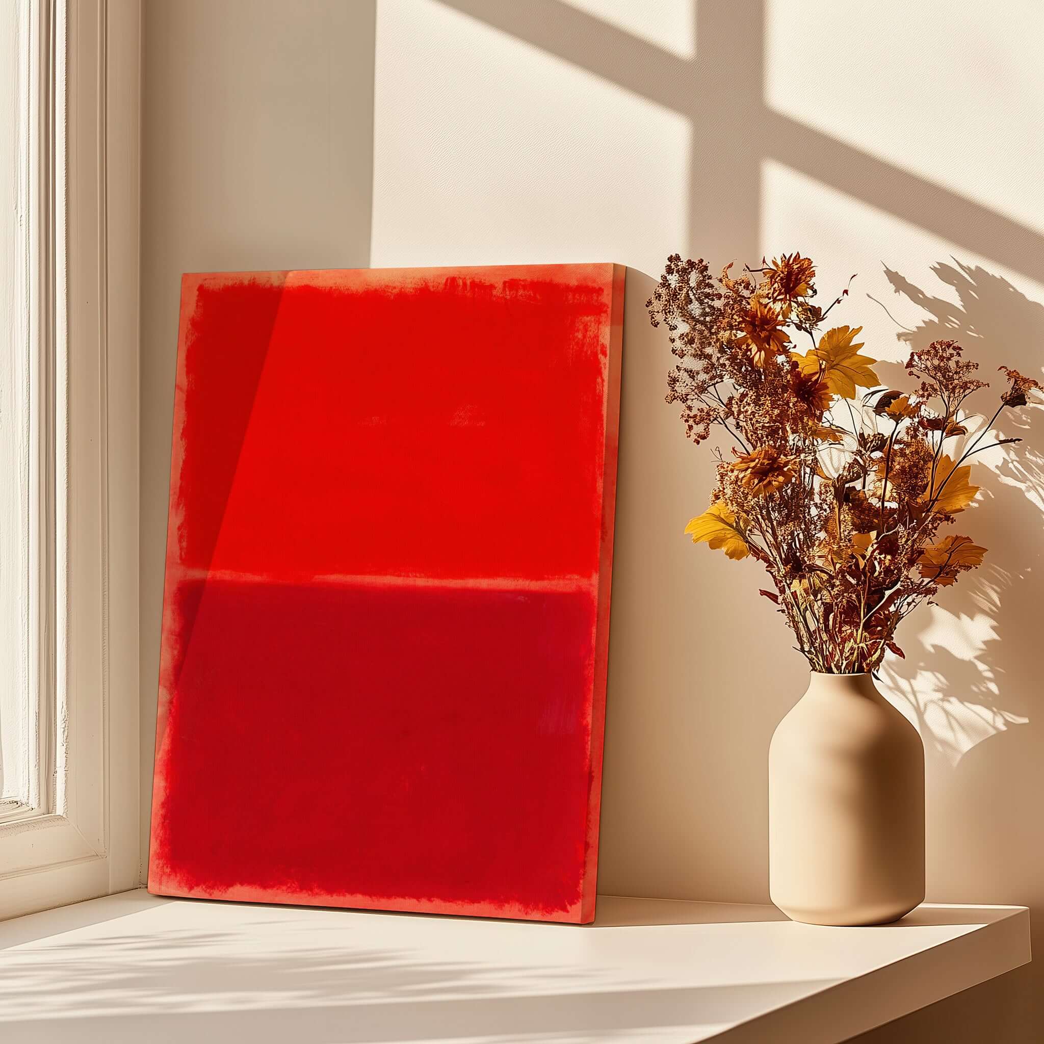 Mark Rothko Untitled Red on Red 1969 Abstract Canvas Art Print displayed in a bright room next to a vase of flowers.