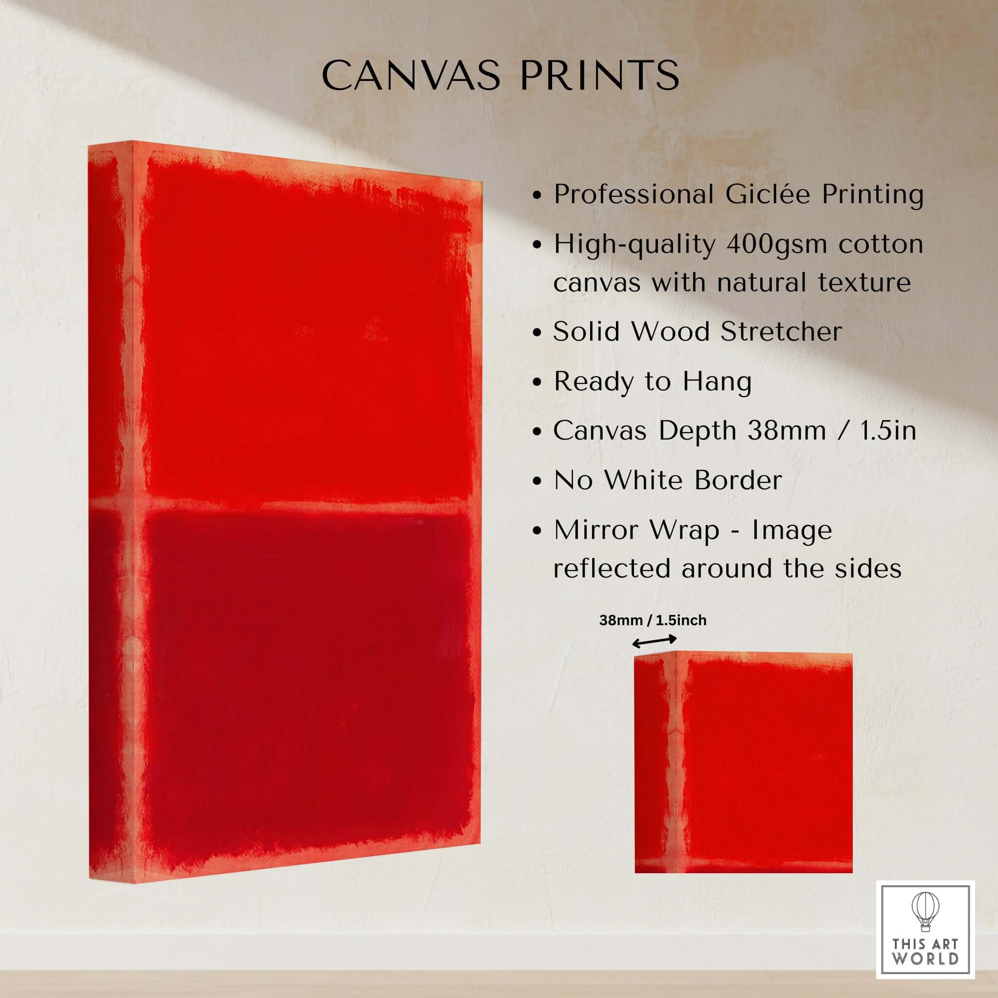 Mark Rothko Untitled Red on Red 1969 Abstract Canvas Art Print showcasing professional Giclée printing features and natural texture.