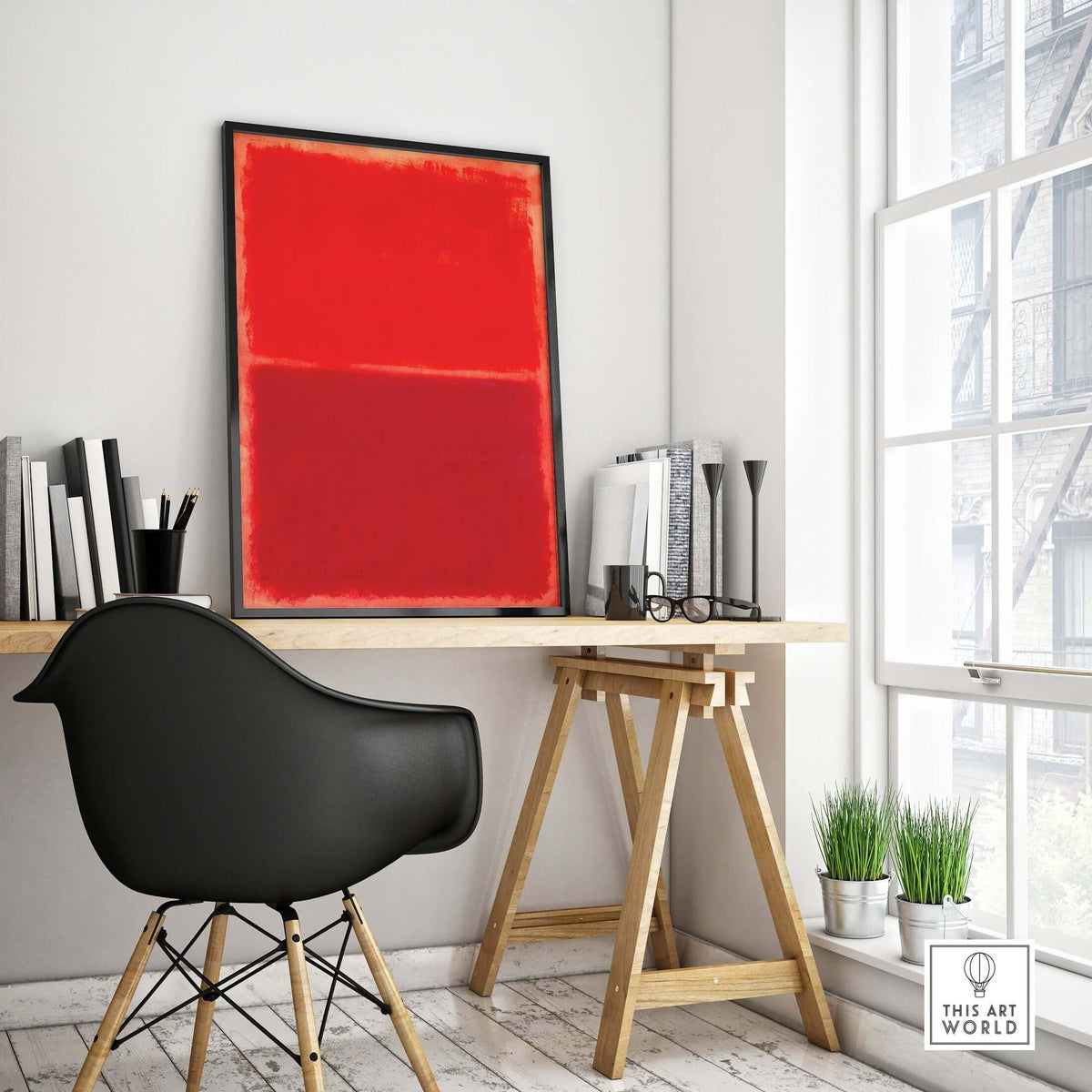 Mark Rothko Untitled Red on Red 1969 Abstract Canvas Art Print displayed in a modern workspace setting.