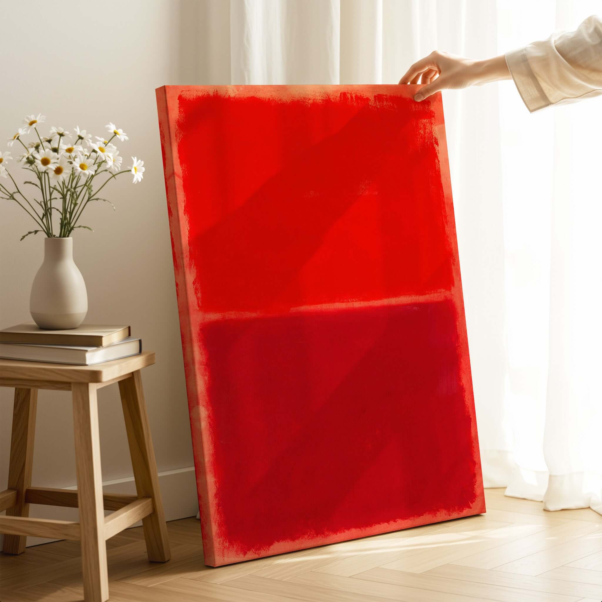 Mark Rothko Untitled Red on Red 1969 Abstract Canvas Art Print displayed on a wooden easel with a vase of flowers.