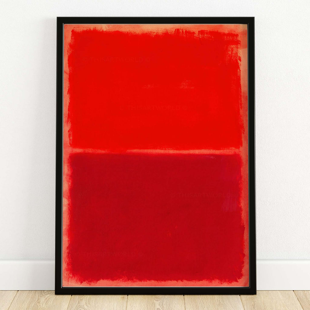 Mark Rothko Untitled Red on Red 1969 Abstract Canvas Art Print displayed in a black frame on a wooden floor.