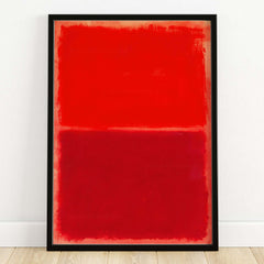 Mark Rothko Untitled Red on Red 1969 Abstract Canvas Art Print displayed in a black frame on a wooden floor.