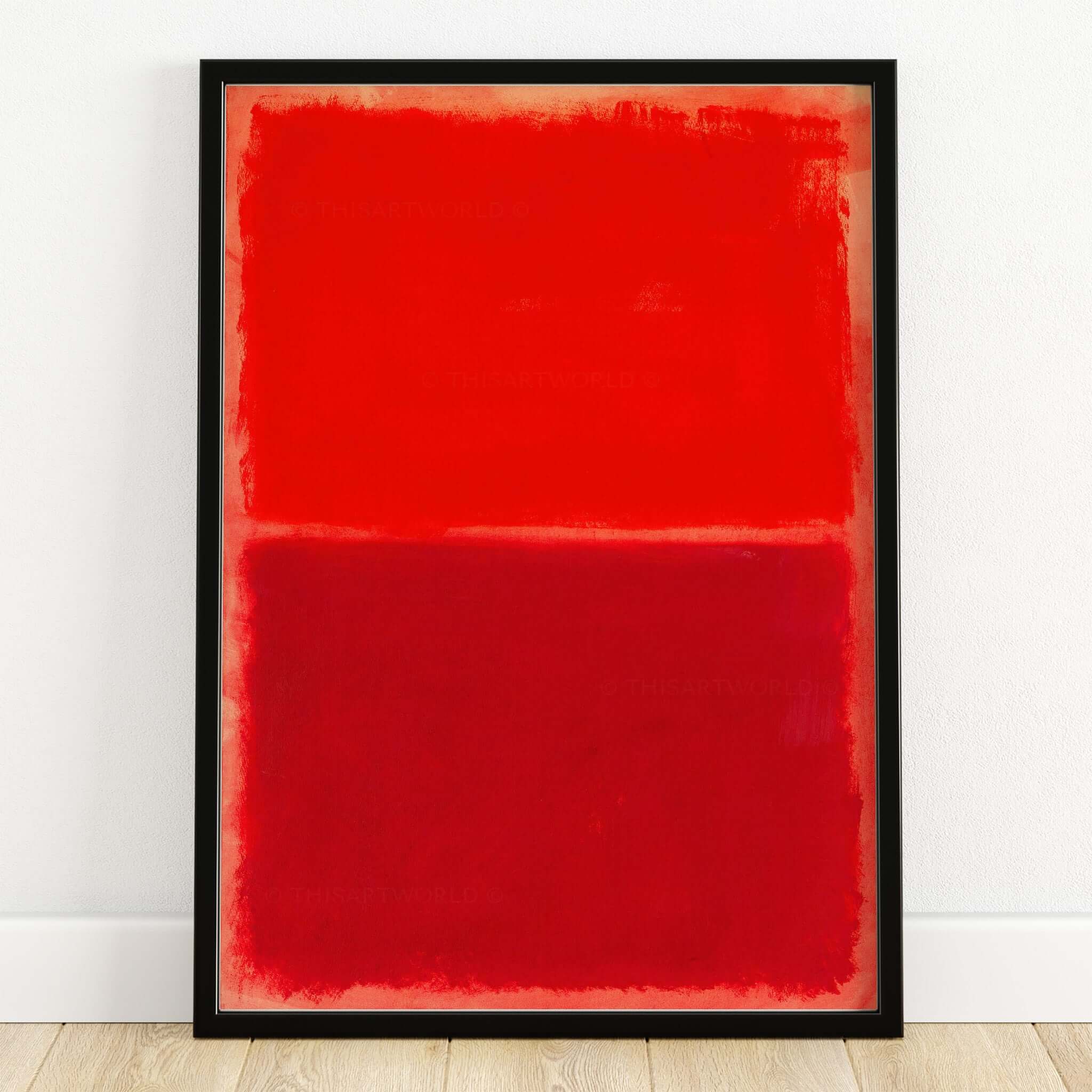 Mark Rothko Untitled Red on Red 1969 Abstract Canvas Art Print displayed in a black frame on a wooden floor.
