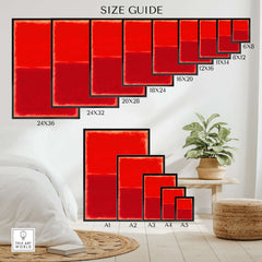 Size guide for Mark Rothko Untitled Red on Red 1969 Abstract Canvas Art Print in various dimensions.