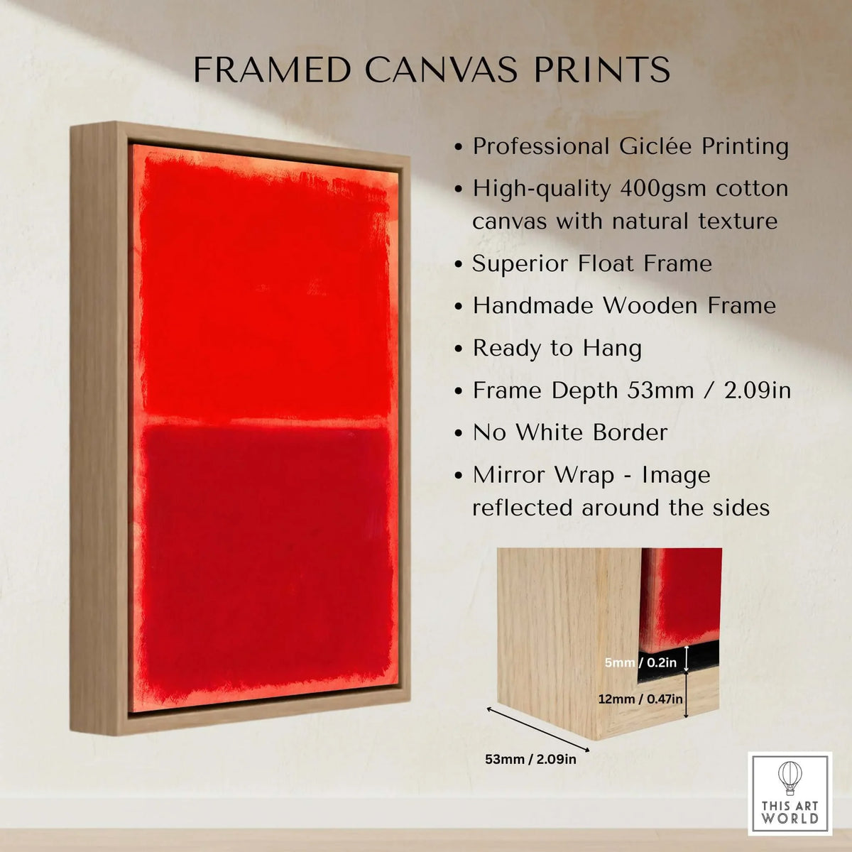 Mark Rothko Untitled Red on Red 1969 Abstract Canvas Art Print displayed in a handmade wooden frame with Giclée printing.
