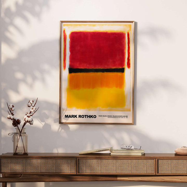 Mark Rothko abstract art print 'Violet, Black, Orange, Yellow' 1949, showcasing vibrant colors in a framed display.