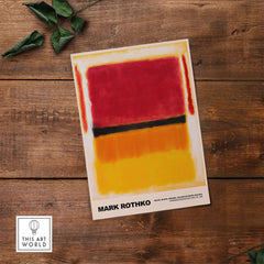 Mark Rothko Violet Black Orange Yellow 1949 Abstract Art Print Color Field Poster Guggenheim on rustic wooden background.