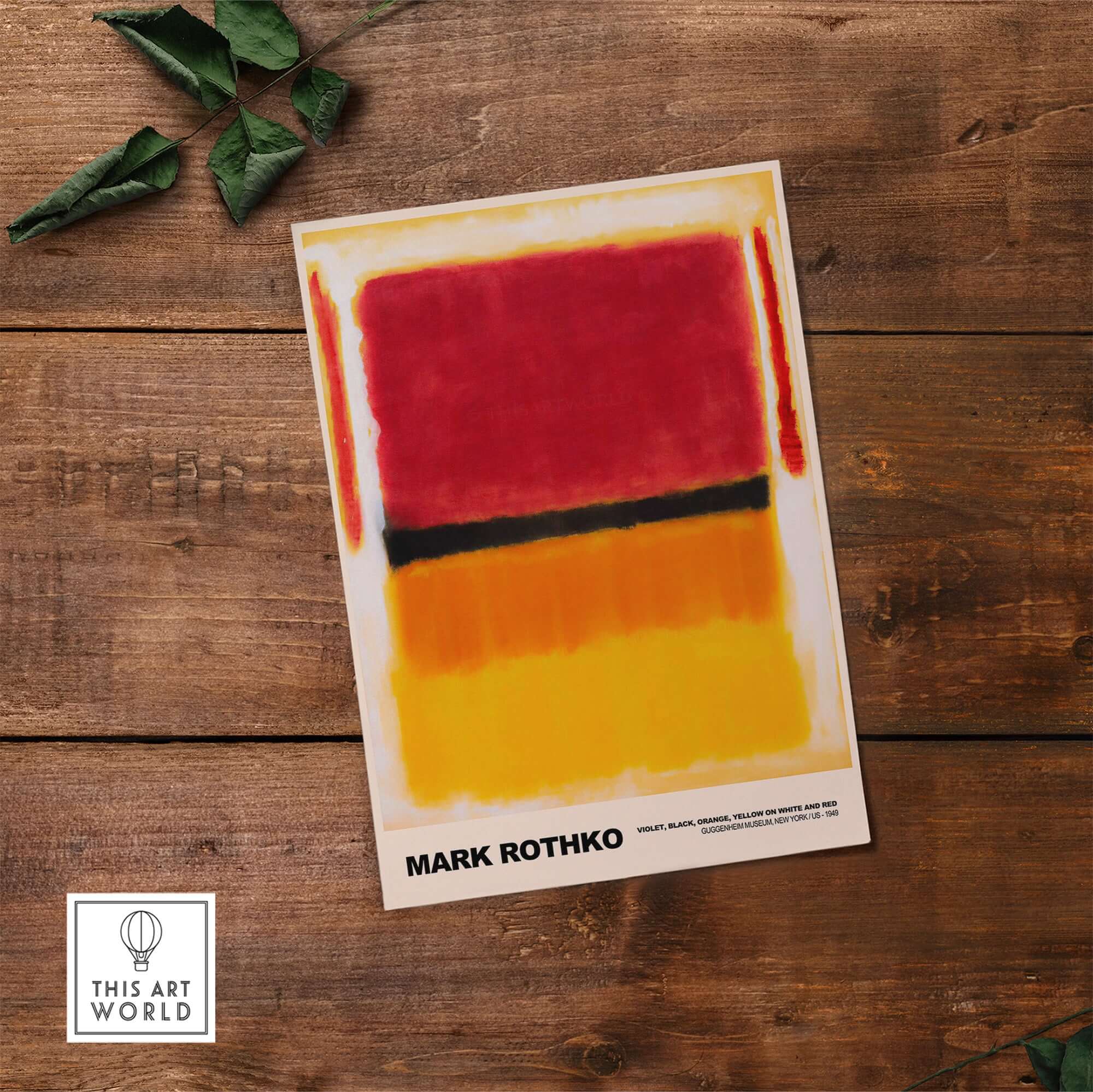 Mark Rothko Violet Black Orange Yellow 1949 Abstract Art Print Color Field Poster Guggenheim on rustic wooden background.