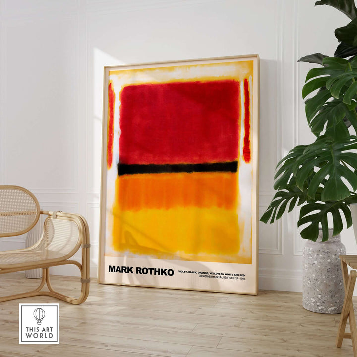 Mark Rothko abstract art print featuring violet, black, orange, and yellow colors in a stylish living room setting.