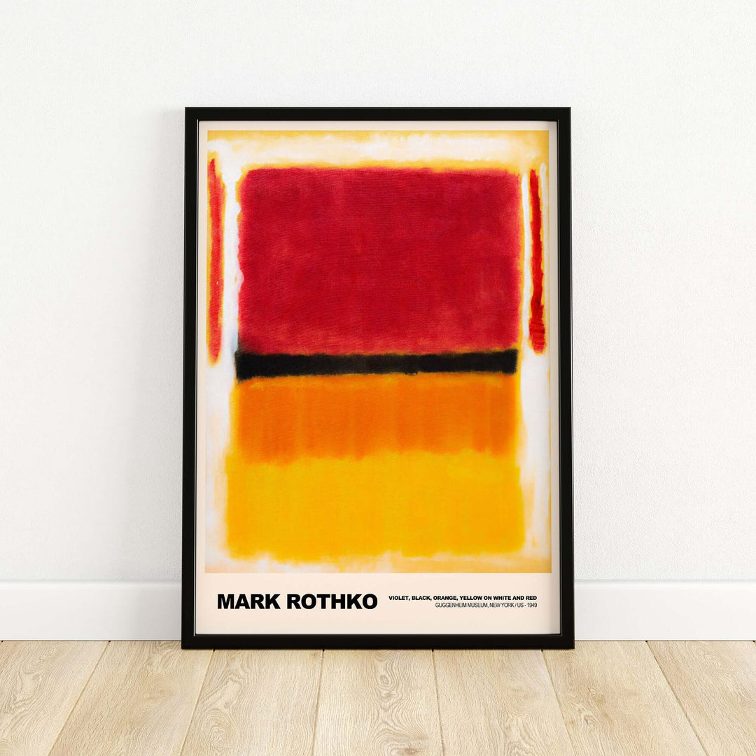 Mark Rothko 'Violet, Black, Orange, Yellow' 1949 abstract art print color field poster on a wooden floor.