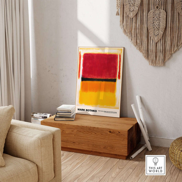 Mark Rothko 1949 Abstract Art Print in living room, featuring vibrant colors and layered rectangles.