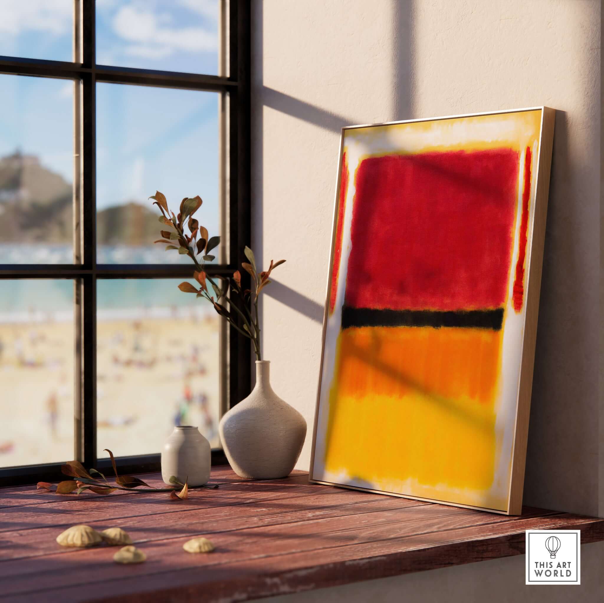 Mark Rothko Violet Black Orange Yellow 1949 Abstract Canvas Color Field Poster Guggenheim displayed on a sunny window ledge.
