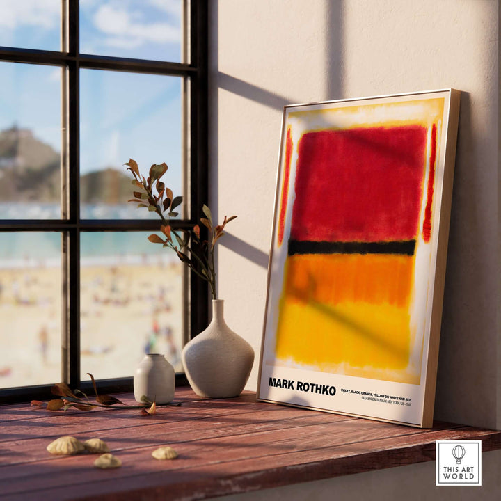 Mark Rothko Violet Black Orange Yellow 1949 abstract art print displayed in a sunny interior with beach view.