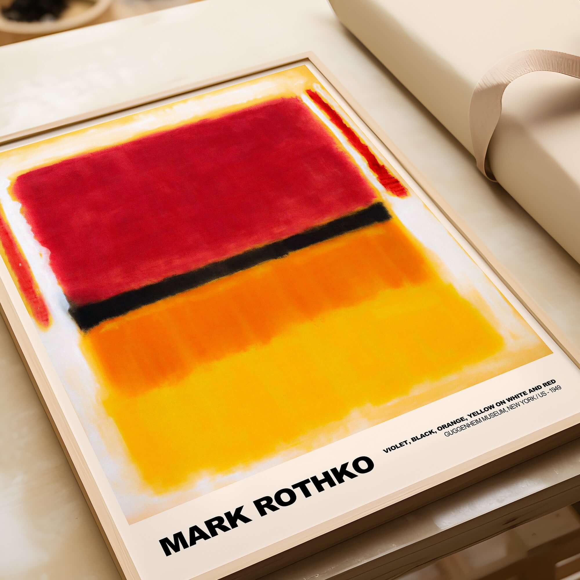 Mark Rothko Violet Black Orange Yellow 1949 Abstract Art Print Color Field Poster Guggenheim displayed on a wall.