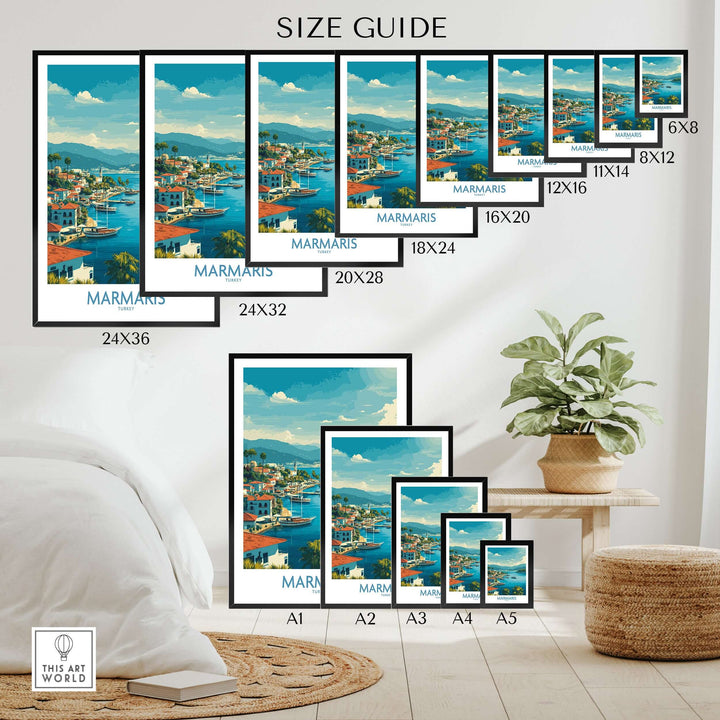 Size guide for Marmaris Bay poster showcasing multiple frames and sizes for the Mediterranean landscape art.