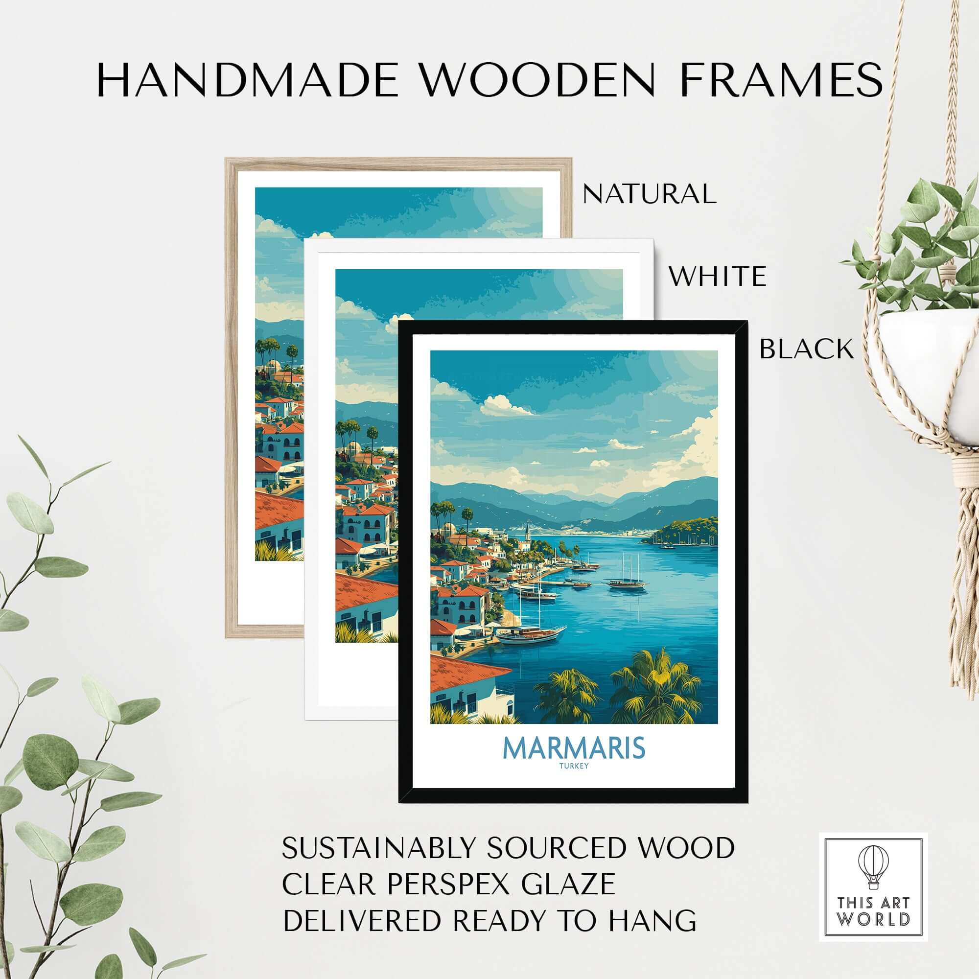 Marmaris Bay Poster - Turkey Travel Print - Mediterranean Landscape Wall Art displayed in handmade wooden frames.