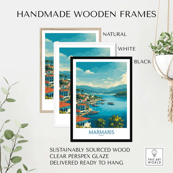 Marmaris Bay Poster displayed in handmade wooden frames. Natural, white, and black options showcased with clear Perspex glaze.