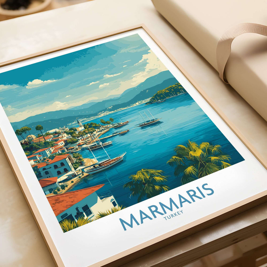 Marmaris Bay poster featuring a vibrant Mediterranean landscape with boats and coastal town in Turkey.