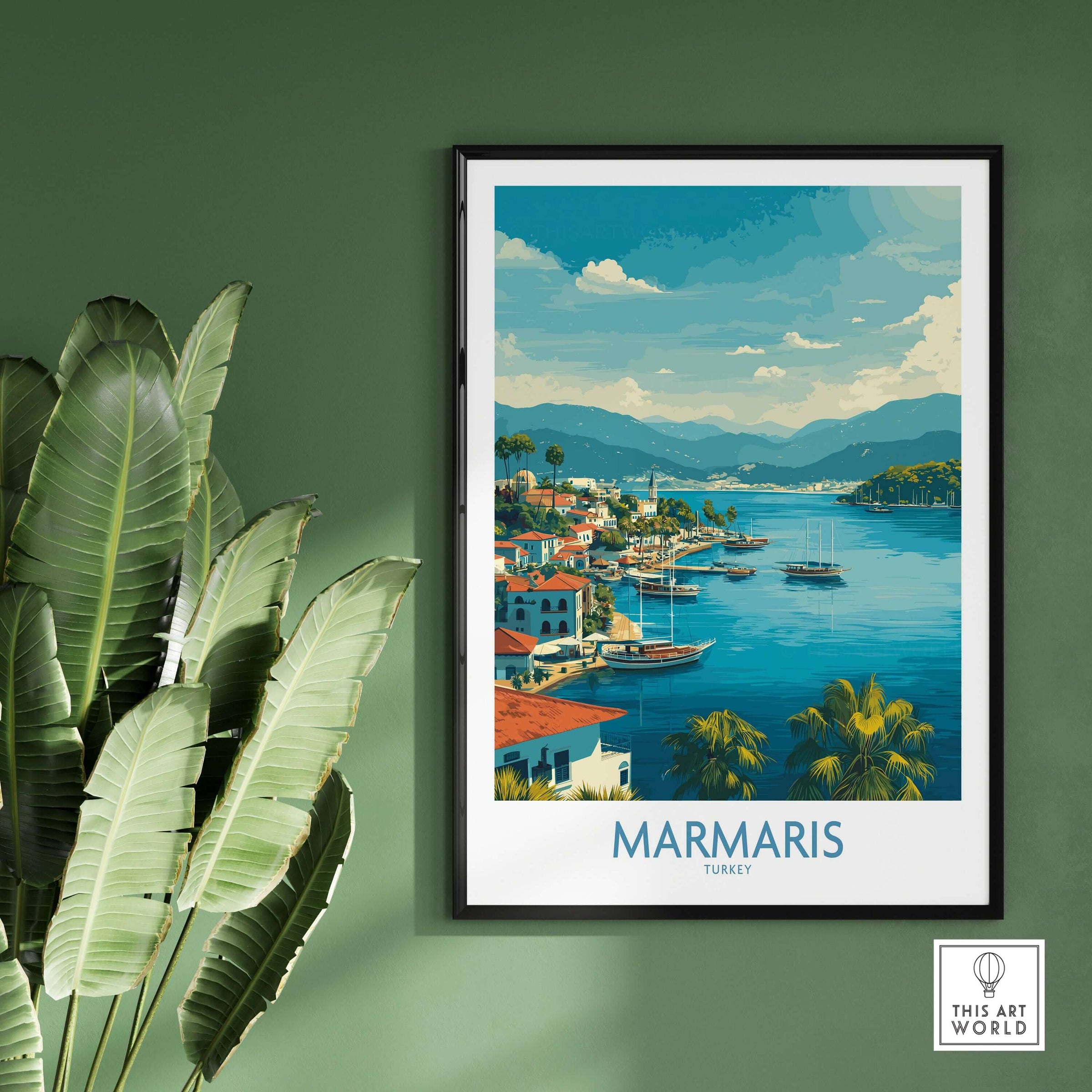Marmaris Bay Poster - Turkey Travel Print - Mediterranean Landscape Wall Art displayed on a green wall.
