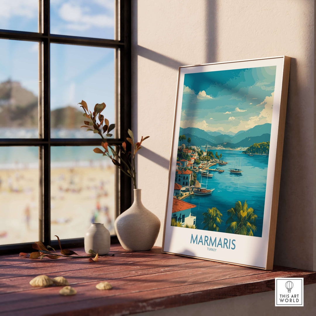 Marmaris Bay poster showcasing the serene Turkish coastline, framed by a window with a beach view.
