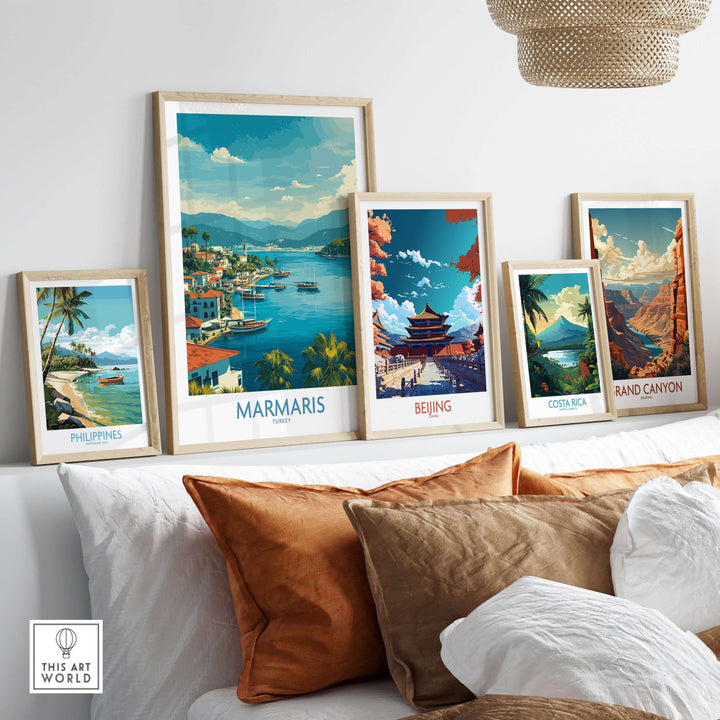 Marmaris Bay poster among travel prints from the Philippines, Beijing, Costa Rica, and Grand Canyon in a modern living room setting.