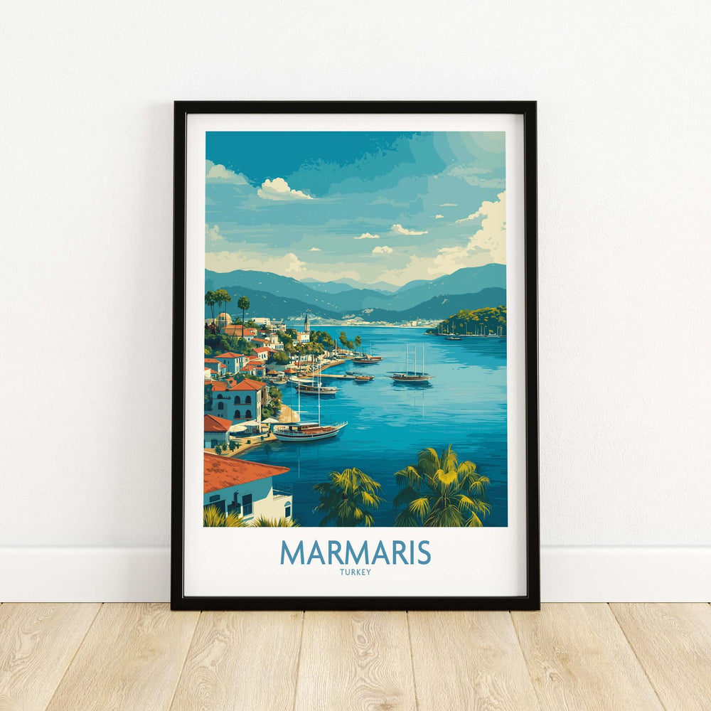 Marmaris Bay poster featuring vibrant Mediterranean coastal landscape and blue waters, ideal for home or office decor.