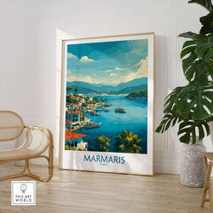 Marmaris Bay Poster - Turkey Travel Print - Mediterranean Landscape Wall Art displayed in cozy interior setting.