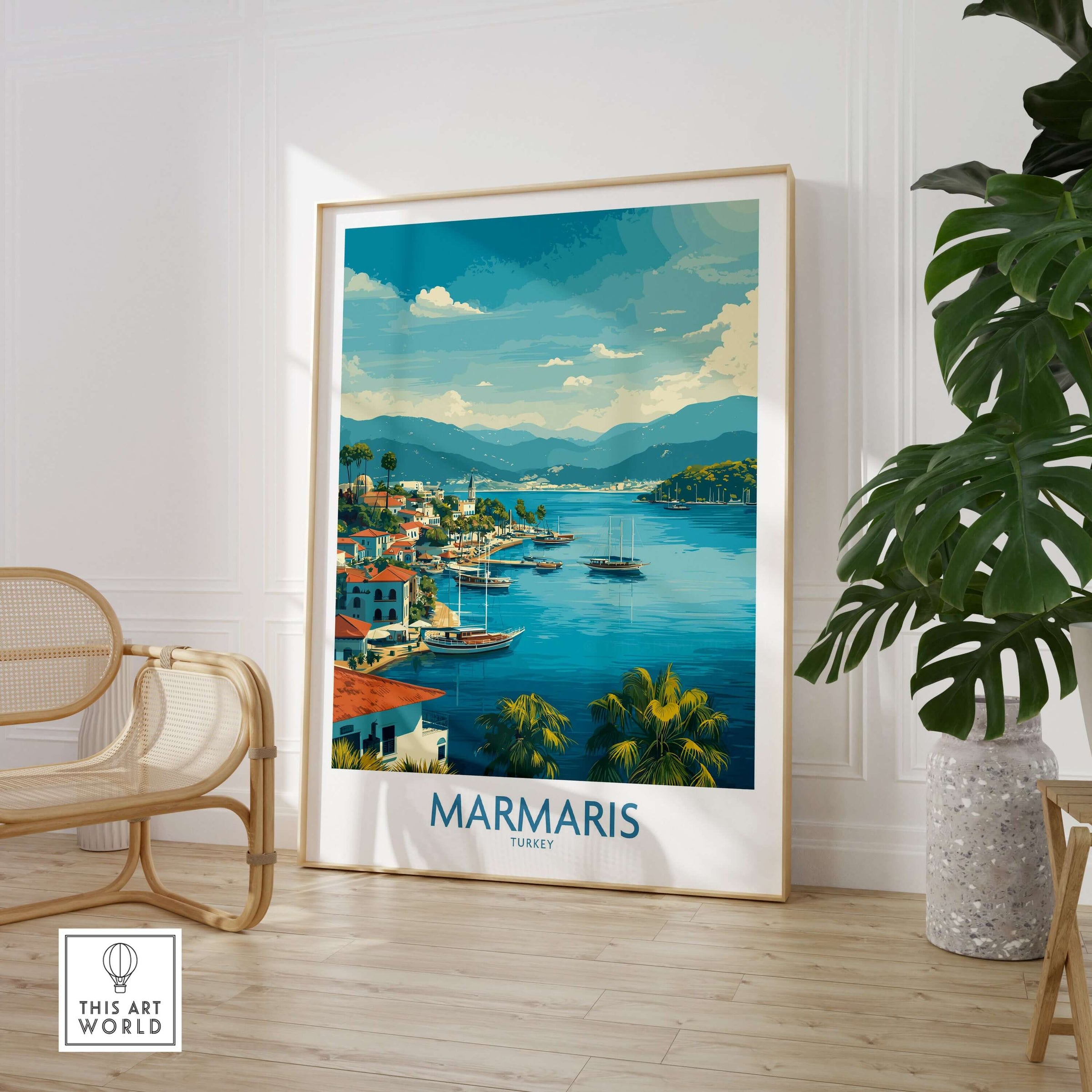 Marmaris Bay Poster - Turkey Travel Print - Mediterranean Landscape Wall Art displayed in cozy interior setting.