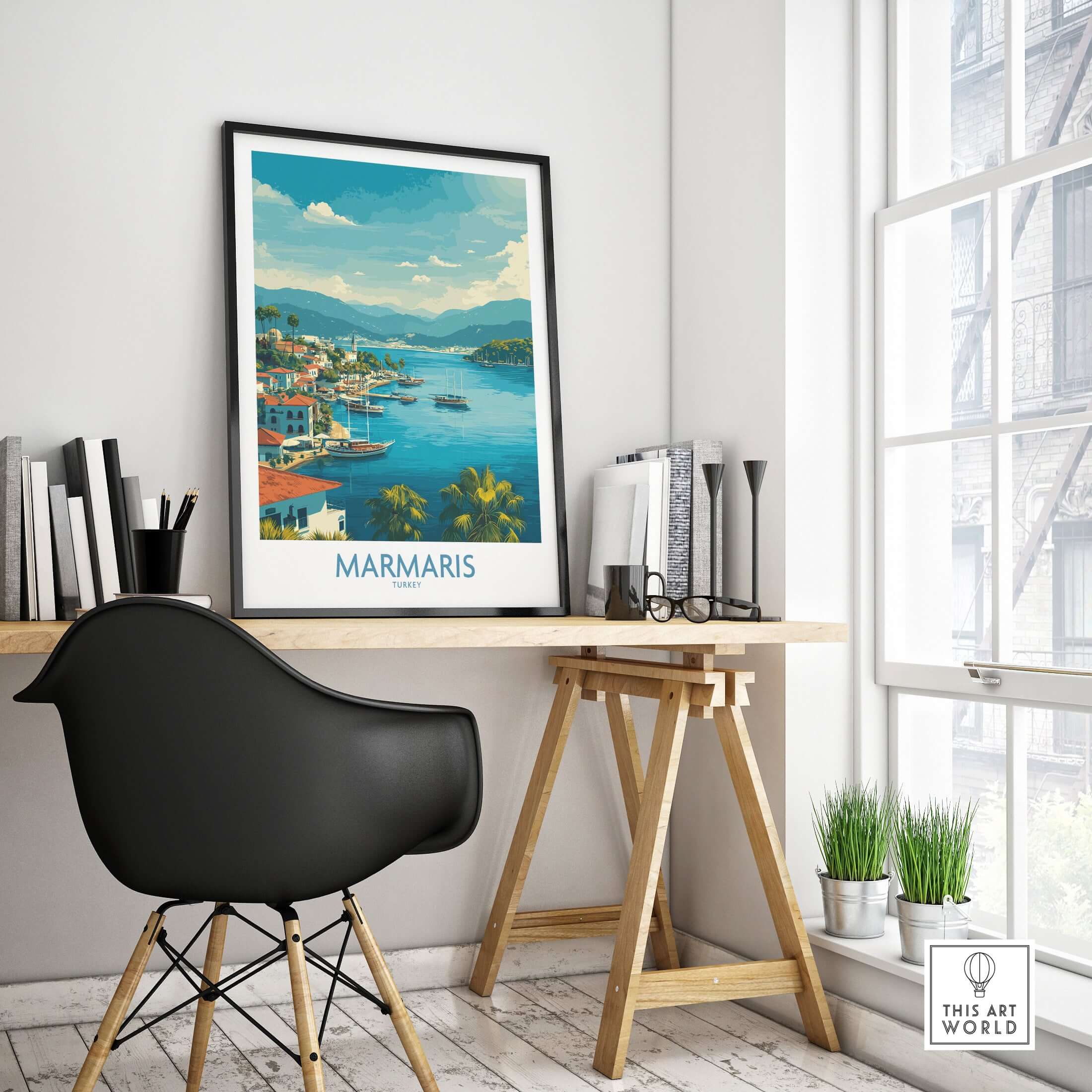 Marmaris Bay Poster - Turkey Travel Print - Mediterranean Landscape Wall Art displayed in a stylish office setting.