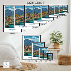 Marmaris Coast Poster - Turkish Riviera Art Print - Mediterranean Town Wall Decor size guide with various frame options.